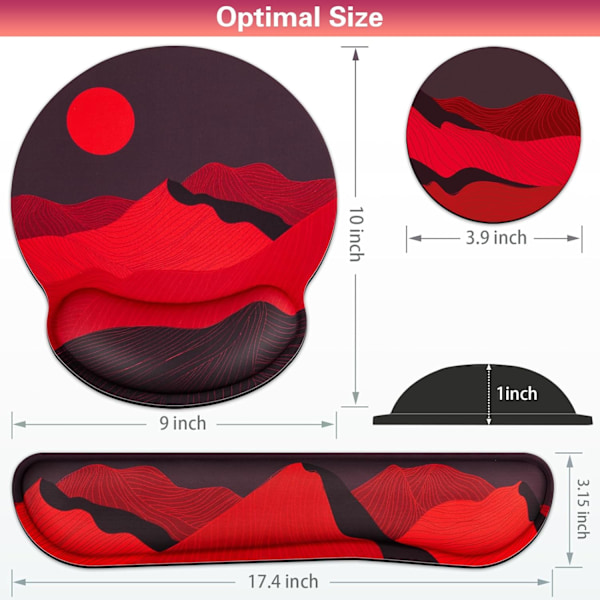 Musmatta med handledsstöd, Qomolama 3-i-1 handledsstöd musmatta set, Gaming musmatta med halkfri bas, Ergonomisk musmatta, Memory Foam tangentbord Golden Mountain-red
