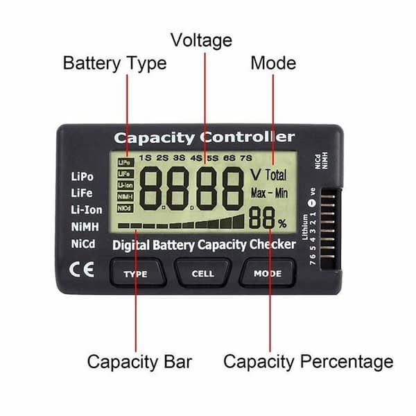 Digital batterikapasitetstester, batterikapasitetsspenningskontroller tester med LCD-skjerm
