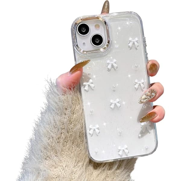 Mobile phone case compatible with iPhone 14 Plus, 3D bow mobile phone case, cute transparent bow, thin, soft and durable, white iPhone 14 Plus Whit White iPhone 14 Plus