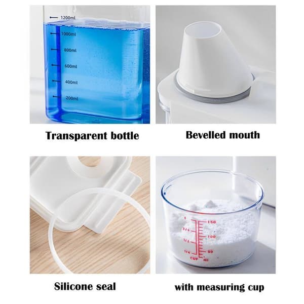 Sæt med 2 vasketøjsopbevaringsbeholdere, 1800 ml vaskemiddeldispenser med målebæger, vaskemiddeldispenser, beholder