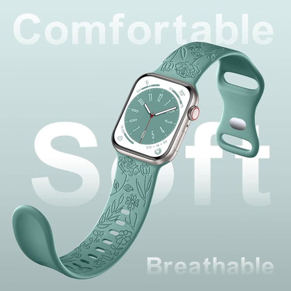 Blomstergraveret rem kompatibel med Apple Watch rem 38 mm 40 mm 41 mm til kvinder, udskiftningsrem til iWatch Series SE 9 8 7 6 5 4 3 2 1, fyrregrøn Green