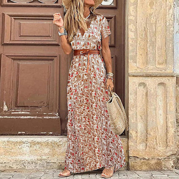 Fianao Boho Damekjole Paisley Print Stor Kant Kortermet Splitt Kant Maxikjole med Belte for Arbeid Brown S