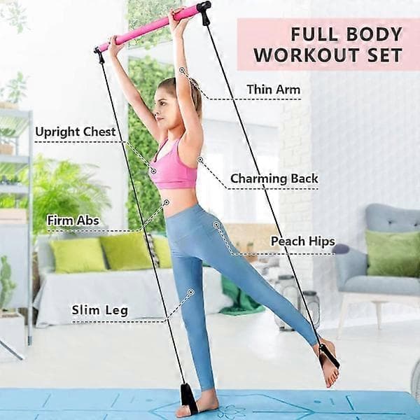Pilates Bar Set Resistance Bands Adjustable Straps Workout Purple Pink