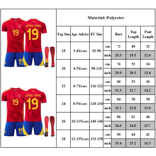 Fodboldtrøje 2024 UEFA Europamesterskab Spanien Børnefodboldtrøjesæt Hjemme Nr. 19 LAMINE YAMAL Trøjesæt 26