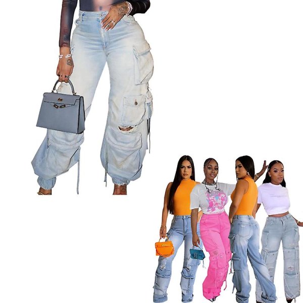 Damer med hög midja Cargo Jeans Byxor Y2K Baggy Lösa Distressed Ripped Långa jeansbyxor med multi fickor Blue 2XL