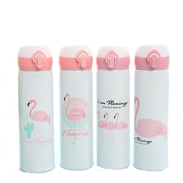 Söt Flamingo Mönster Termisk Isolering Vattenflaska Rostfritt Stål Läckagesäker Vakuumflaskor Studsande Lock Vakuumkopp Dricksartiklar 350ml