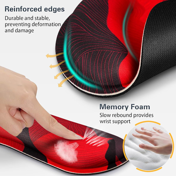 Musmatta med handledsstöd, Qomolama 3-i-1 handledsstöd musmatta set, Gaming musmatta med halkfri bas, Ergonomisk musmatta, Memory Foam tangentbord Golden Mountain-red