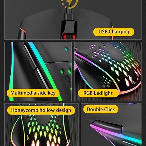 Rechargeable Wireless Gaming Mouse with Double Click Button and Colorful LED Light, 3 Adjustable DPI Levels (Black)