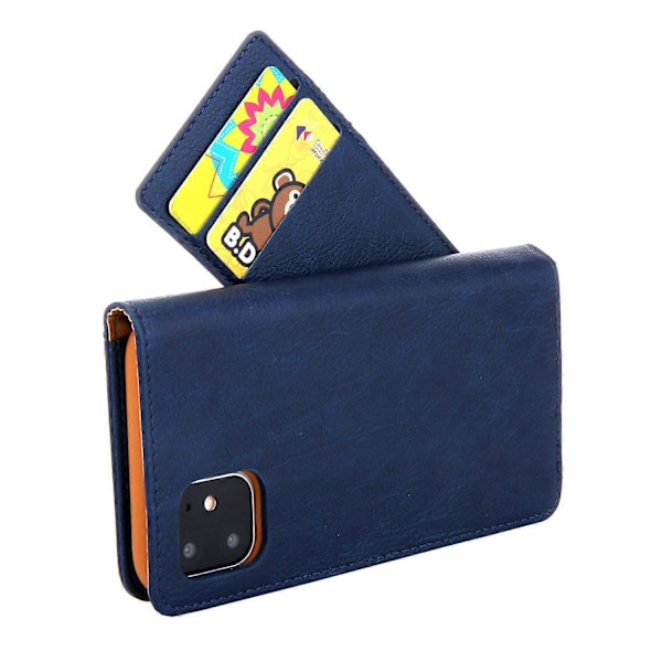CMAI2 Litchi Korn Auto-absorberende Læder Wallet Cover til iPhone 11 6.1 tommer (2019) - Sort Dark Blue