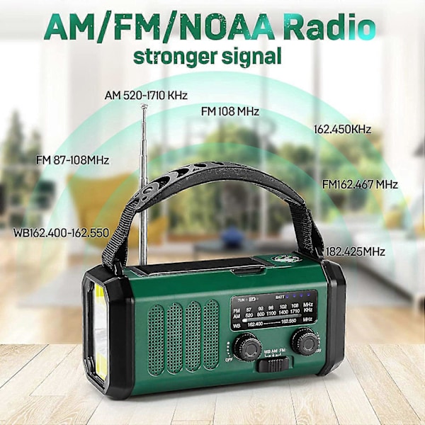 Aurinkovoimalla toimiva hätäkäsikampiradio AM FM -sääradio, SOS, 3 tilaa, lukuvalo Blue