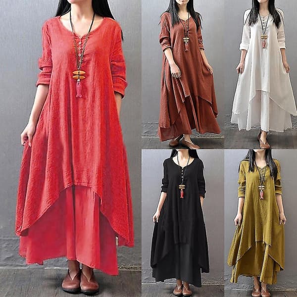 Plus Size Oversized Dame Langærmet Baggy Løs Lagdelt Maxikjole Red 4XL