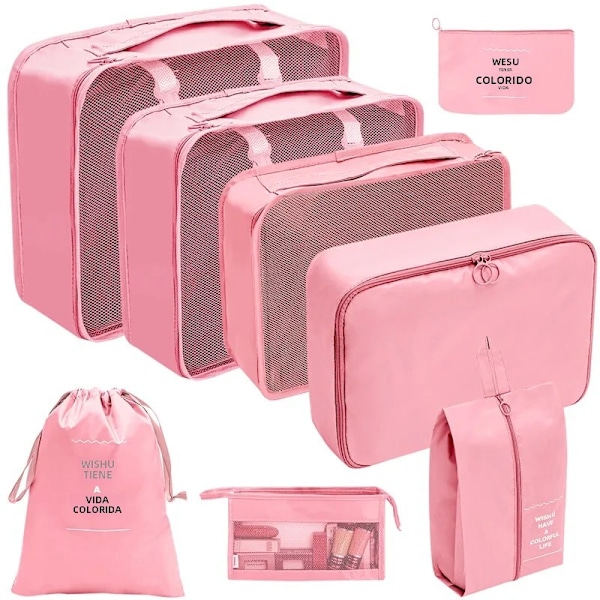 7/8/9/10 Delars Set Reseorganisatör Förvaringsväskor Resväska Packningskuber Set Fodral Bärbar Bagage Kläder Sko Ordning Påse Vikbar 8 pcs pink
