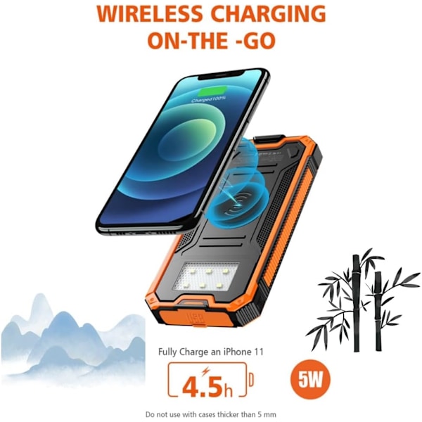 Powerbank solcellelader, 20 000 mAh bærbar trådløs lader med USB C inngang/utgang for mobiltelefoner, eksternt batteri med dobbel for camping