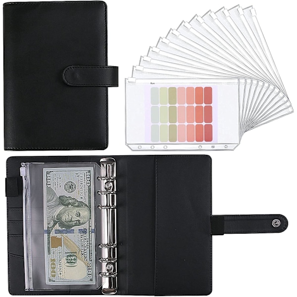 A6 Budget Planner med 12 Kontantkuvert, Färgglad PU Läder Notebook Pärm med 12 st A6 Pärmfickor black A6