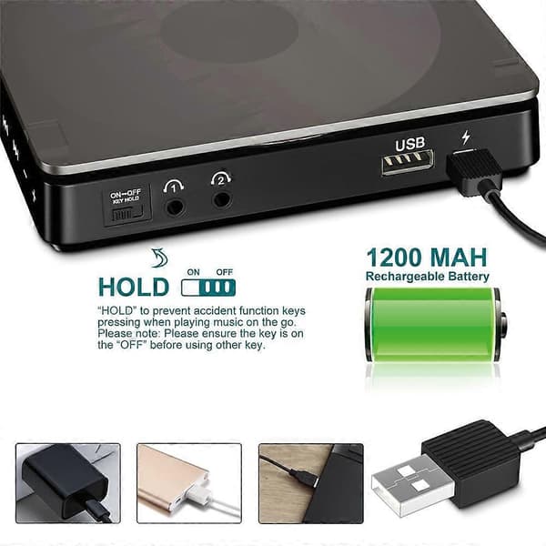 Portable CD Player Dual Headphone Version Contact Button Reproductor CD Walkman Rechargeable Shockproof LCD Display