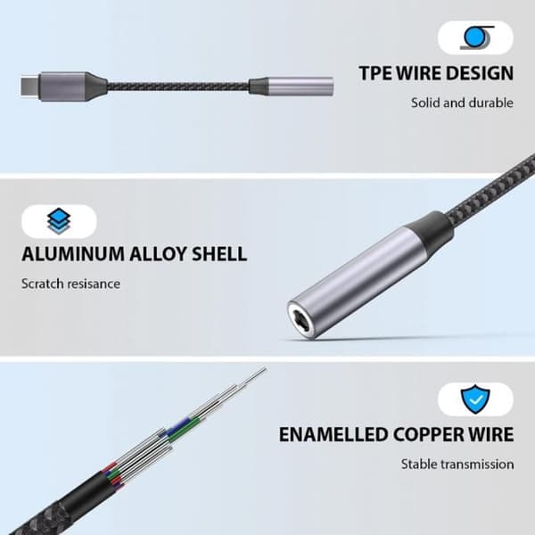 USB C till jack-adapter, USB Typ C till 3,5 mm-adapter, högupplöst DAC-chip.