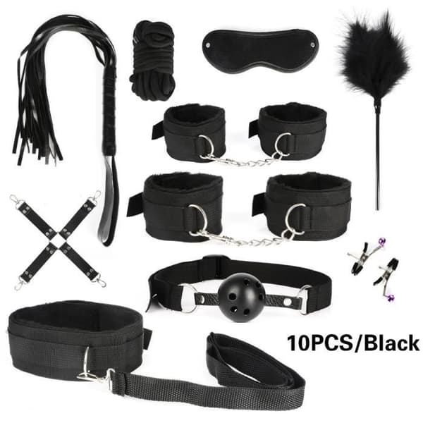 Bondage tillbehörskit - 13 delar - Svart - Handbojor - Kulvibrator