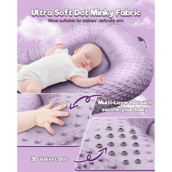 Baby Lounger - 3-i-1 Babynest för Nyfödda 0-24 Månader, Andningsbar & Mjuk Baby Nest Säng för Bebis, Portabelt Babynest för Hemma och Resor Purple