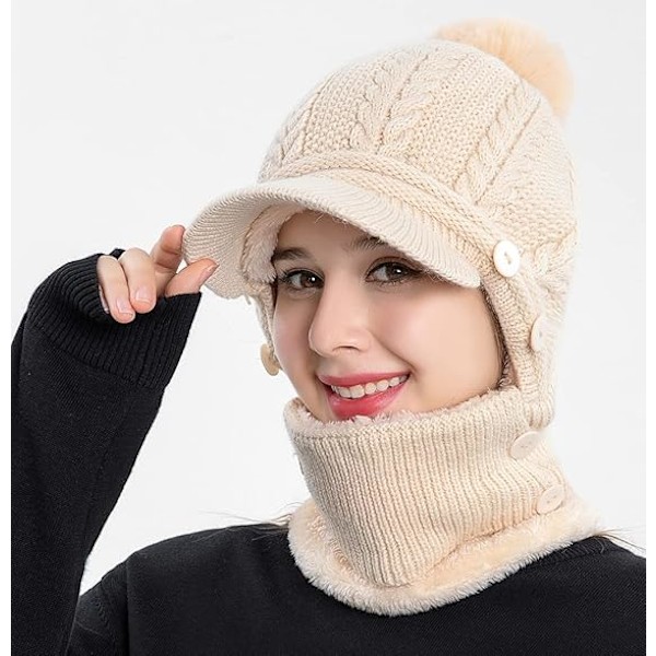 Ettdelt Slouchy Fleece Beanie Skjerf Maske Varm Vinter Strikket Lue Tykk Skull Skilue for Kvinner