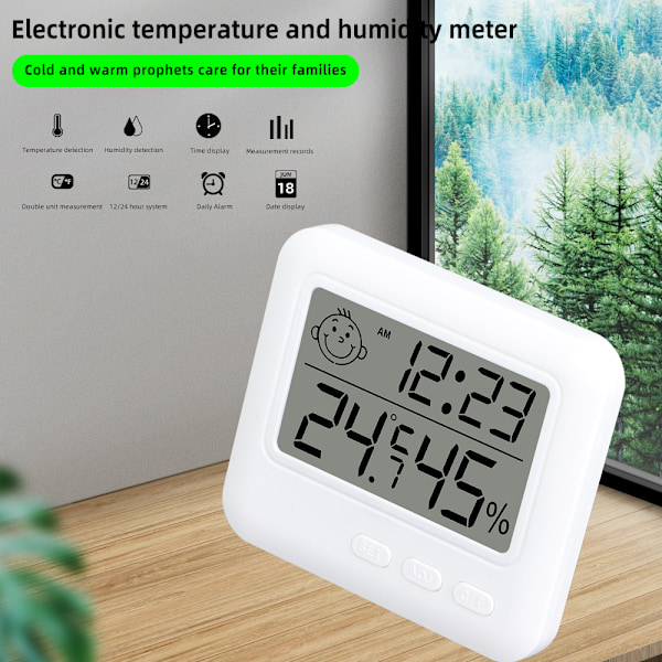 Smiling Fa Temperatur- og Fugtighedsmåler Indendørs Husholdningsvejrstation LCD Digitalt Termometer Hygrometer Med Vækkeur White