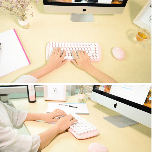 Wireless 2.4 GHz Cute Keyboard and Mouse Combo, Retro Round Keycaps, Layout, Pastel Pink