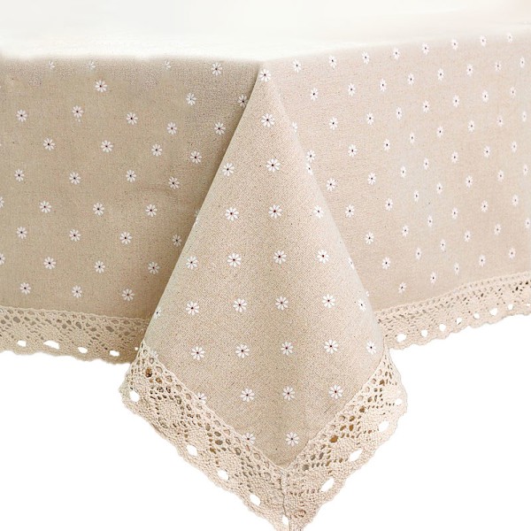 Bordsduk med prästkragemönster, storsäljare i linne och bomull med spetskant, rektangulär bordsduk för hem och hotell, textil White 140x200cm
