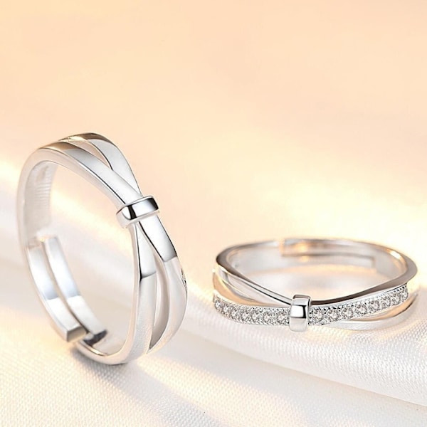Ring 2 delar partnerring 925 sterling silverring (1 del, justerbar förlovningsring), vigselringar par RI