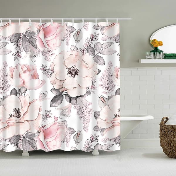 Lyserød og hvidt blomstret badeforhæng, 100cm*180cm
