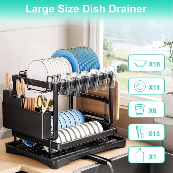 Dish Drying Rack for Kitchen Counter, Double Layer, with Drain Board and Cutlery Holder, Large Capacity Storage Rack, (Black) Black
