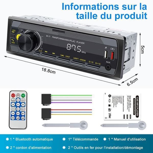 Bluetooth bilradio - OLOKDYIZ - Dobbelt-DIN - 4x45W - Stemmestyring - 7 farver
