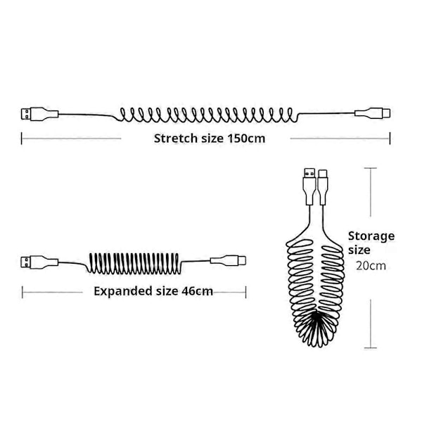 USB til USB C Spiral Kabel Uttrekkbar Billaderledning Kompatibel Iphone for Android Dataoverføring Fjærdesign 5A Hurtigladekabel Black 150CM