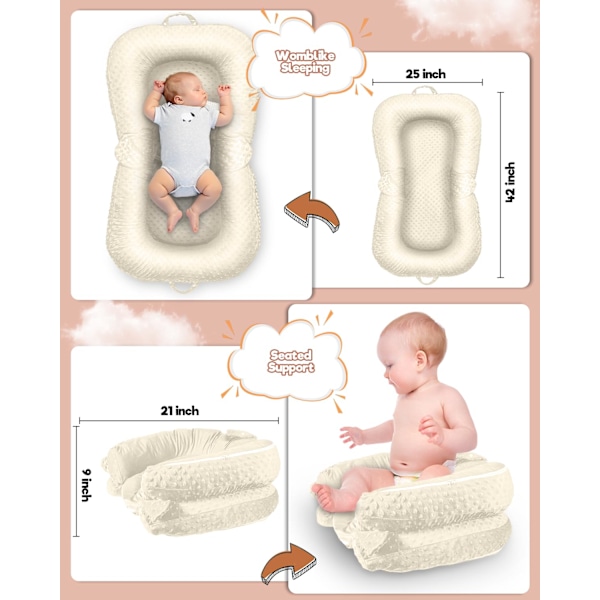 Baby Lounger - 3-i-1 Babynest för Nyfödda 0-24 Månader, Andningsbar & Mjuk Baby Nest Säng för Bebis, Portabelt Babynest för Hemma och Resor Beige