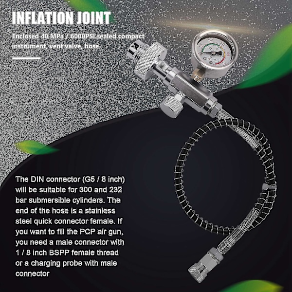 PCP fyllestasjon ladeadapter for dykkerflasker med G5/8\" DIN-adapter og 50cm slange