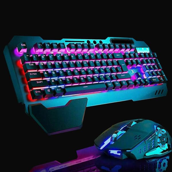 2.4G Wireless Keyboard and Mouse Set with Mechanical Feel, Waterproof LED Backlit Gaming Keyboard + 2400DPI 6-Button Mouse
