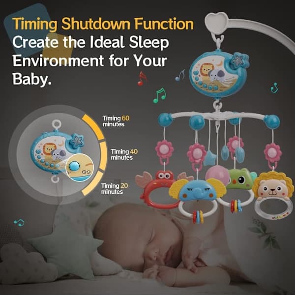 Mini Tudou Crib Music Mobile with Star Projection & Timer Function, Remote Control Musical Toy for Newborns 0-24 Months
