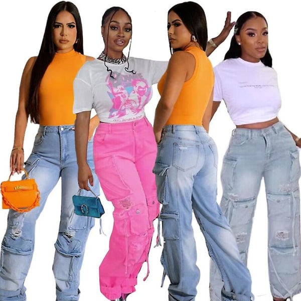 Damer med hög midja Cargo Jeans Byxor Y2K Baggy Lösa Distressed Ripped Långa jeansbyxor med multi fickor Pink M