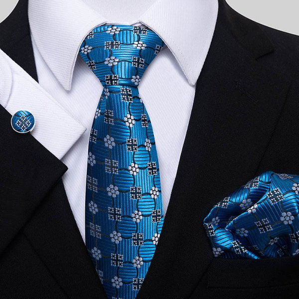 Rutig slips Herrslips och fyrkantiga manschettknappar med fickor för bröllop (blå)