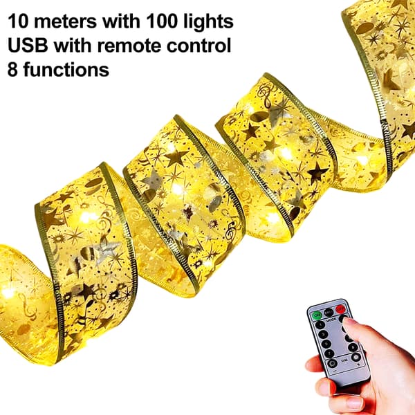 LED Christmas Tree Ribbon Lights with 8 Lighting Modes, Battery Operated and USB Powered String Lights with Timer for Christmas Tree Decoration