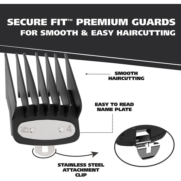 8 klippguidekam kompatibel med Wahl-hårklippare, 8 svarta gränskamset i rostfritt stål Guidekammar Set 45,5 mm BX 38,5 mm H
