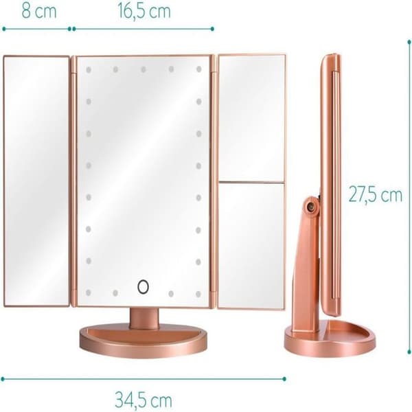 3-sidet LED-belyst spejl, foldbart trefoldigt makeupspejl på stativ med 2x og 3x forstørrelseseffekt.