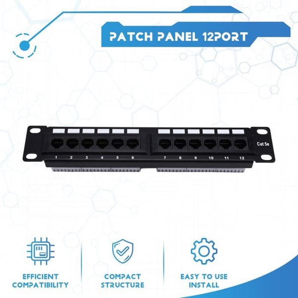 12-ports CAT5e 10G Patchpanel, 1U Formfaktor, UTP, Væg- eller Rackmontering, Forbindelsesblok til CAT5e-kabler