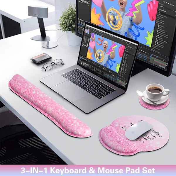 Musmatta med handledsstöd, Qomolama 3-i-1 handledsstöd musmatta set, Gaming musmatta med halkfri bas, Ergonomisk musmatta, Memory Foam tangentbord Pink Particle