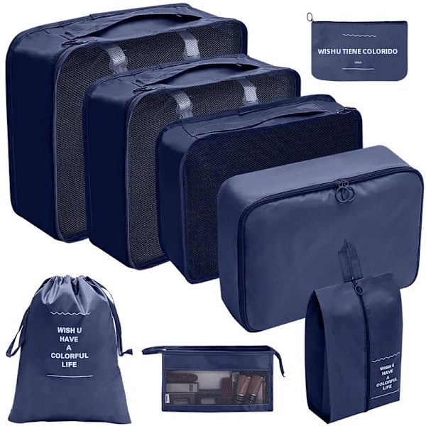 7/8/9/10 Delars Set Reseorganisatör Förvaringsväskor Resväska Packningskuber Set Fodral Bärbar Bagage Kläder Sko Ordning Påse Vikbar 8 pcs navy blue