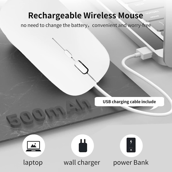 Uppladdningsbar trådlös Bluetooth mus, 3 Dpi-justeringshastigheter, tyst klick, kompatibel med alla bärbara datorer/ipad/mac/pc, trådlös nano- USB -mottagare (whit
