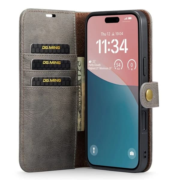 DG.MING iPhone 16 Lompakkokotelo Aitoa nahkaa - Harmaa Grå 75