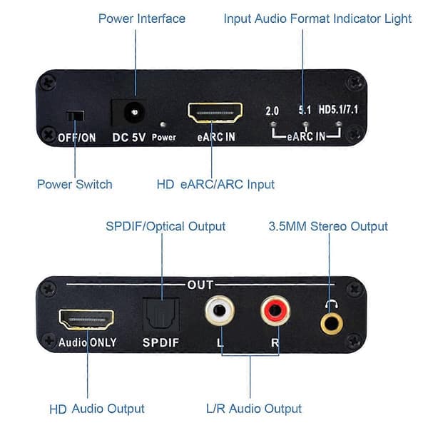 EARC Lydudtrækker 192Khz Konverter HDMI-Kompatibel til RCA Lydudtrækker Adapter til DTS Dolby A Black