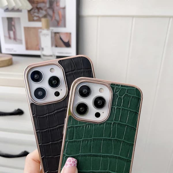 För iPhone 13 Pro Nano Galvanisering Krokodil Textur Läder Telefonfodral Coffee Brown