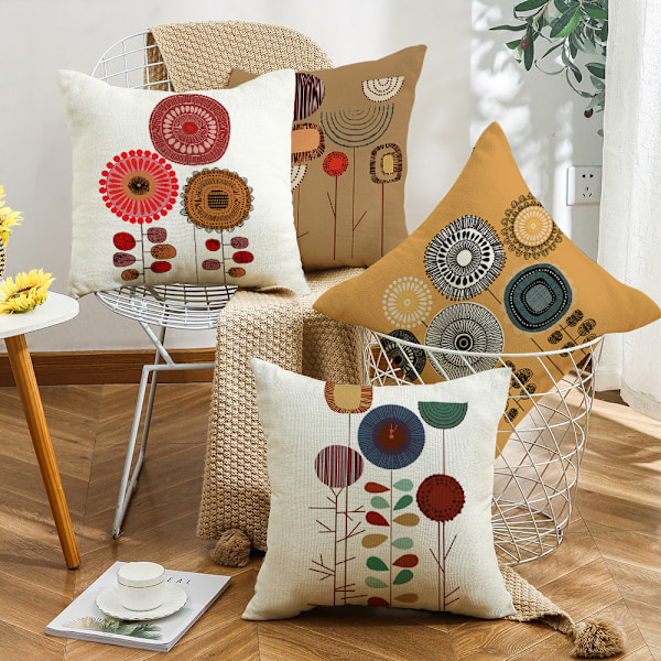 Sett med 4 dekorative putetrekk til sofa, blomstrete linputer, til sofa, seng, bil, hjem, 45x45cm