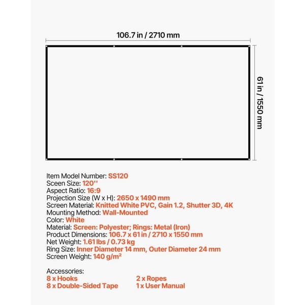 Projector Screen - DUOKU - 120 inch - 4K - 16:9 - Wall Mount