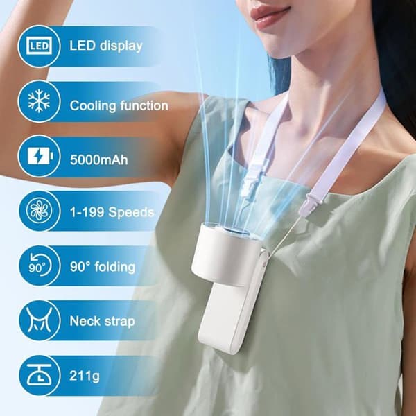 Håndholdt ventilator - MOURSIIENY - 2025 - 5000 mAh - LED-display - Køler på 3 sekunder